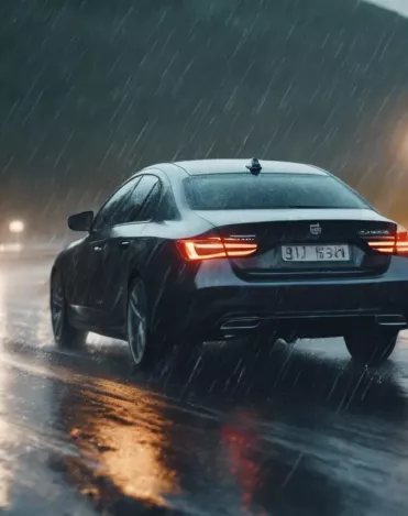 Realistic picture of a modern car driven on a very wet highway in Norway, commercial, high resolution